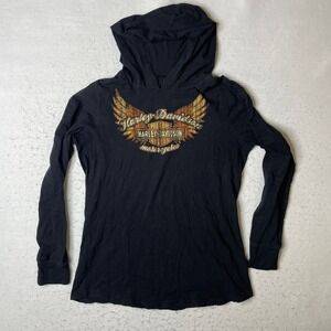 Harley Davidson Womens Black Wing Logo Hooded Long Sleeve Shirt Size L